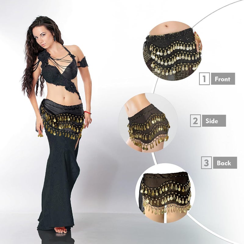 MOLFUJ Belly Dance Hip Scarf with 128 Gold Coins, Belly Dancer Belt Scarf Skirt for Women - Image 4
